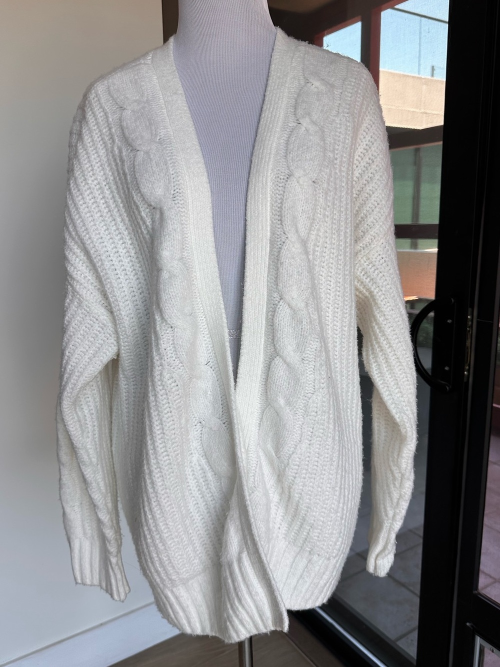 Hollister White Cable Knit Open-Front Cardigan
